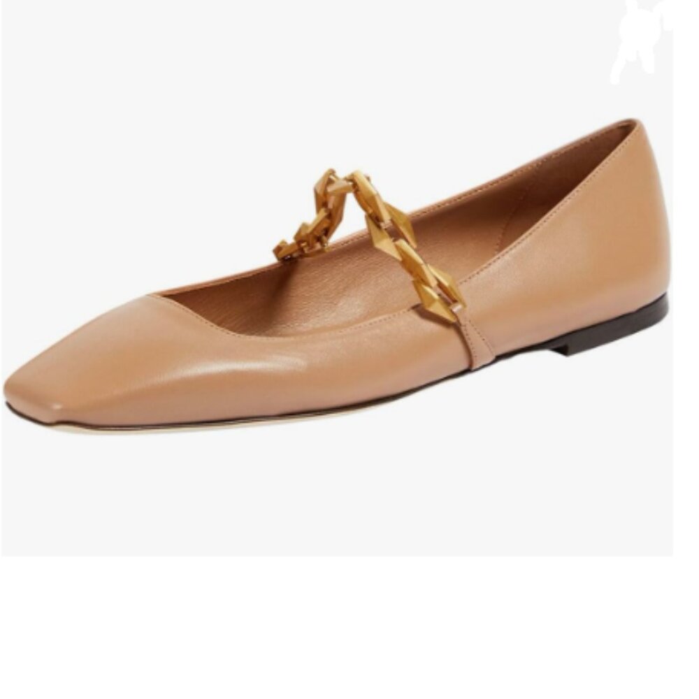 miss left Brown Chain Strap Mary Janes Shoes Slip On Square Toe Ballet Flats